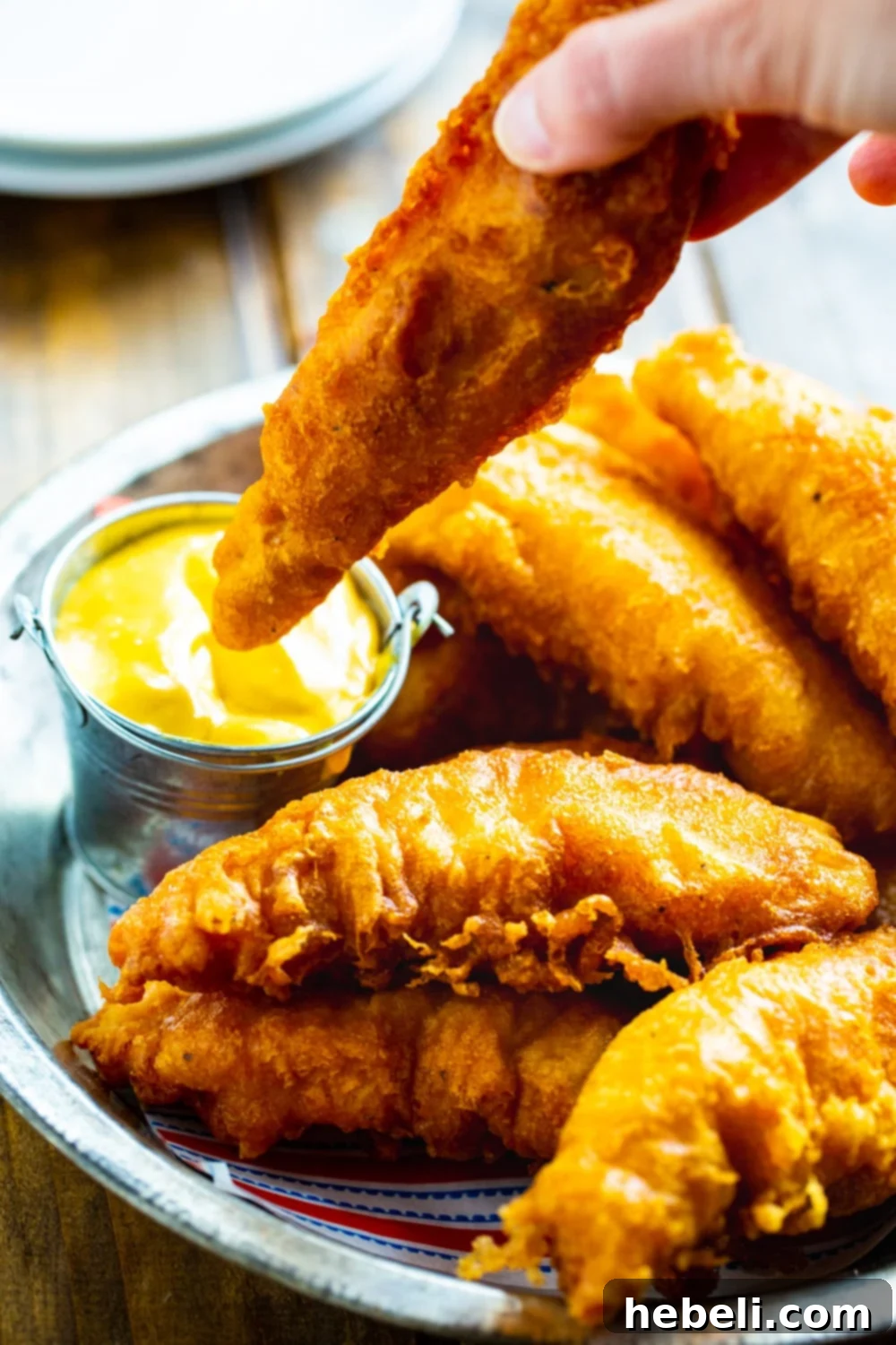 Irresistible Crispy Chicken Crispers, Chili's Style 4 A single Chicken Crisper being dipped into creamy honey mustard sauce.