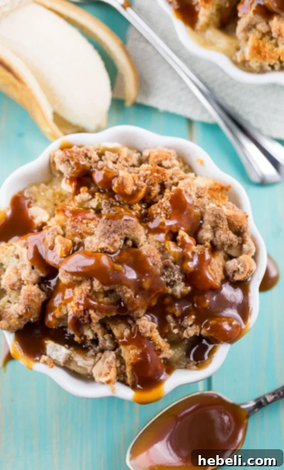 Peanut Butter and Banana Bread Pudding with Dark Caramel Sauce