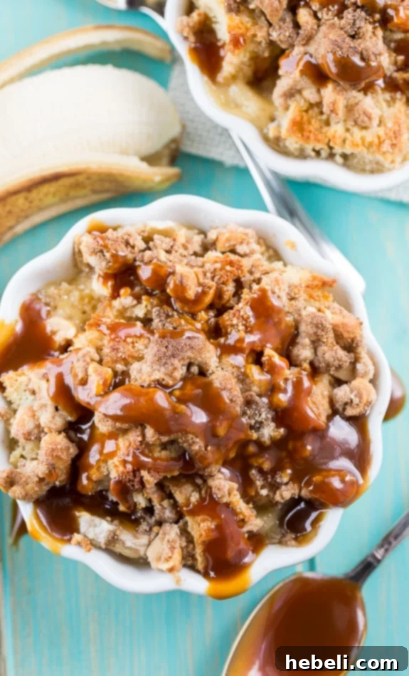 Peanut Butter and Banana Bread Pudding with Dark Caramel Sauce