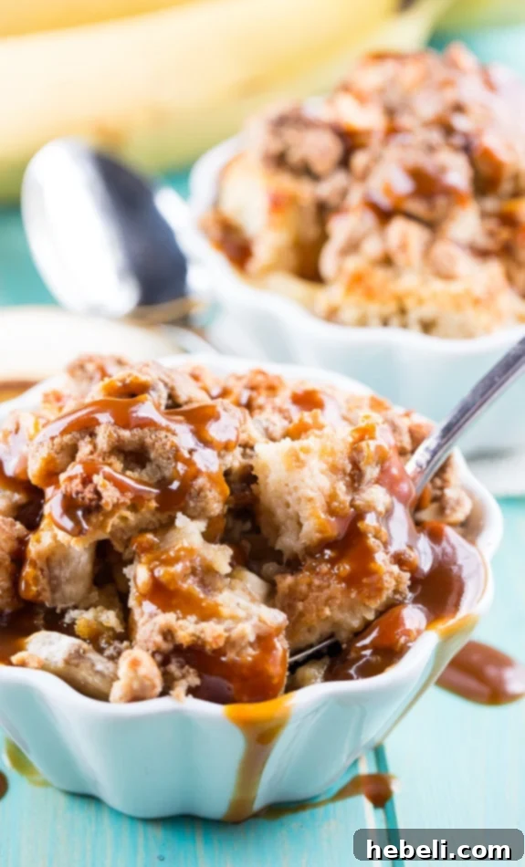 Peanut Butter and Banana Bread Pudding with Dark Caramel Sauce