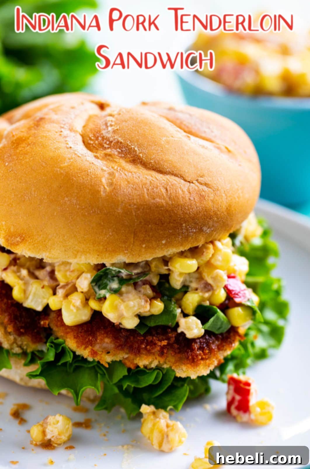 Hoosier Pork Tenderloin Sandwich 5 Indiana Pork Tenderloin Sandwich presented beautifully on a white plate, highlighting its golden crust and fresh toppings.