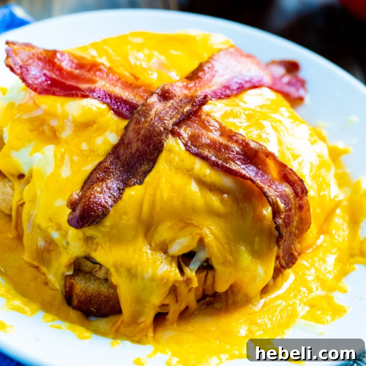Delicious Kentucky Hot Brown Sandwich topped with two crispy bacon strips, ready to be enjoyed.