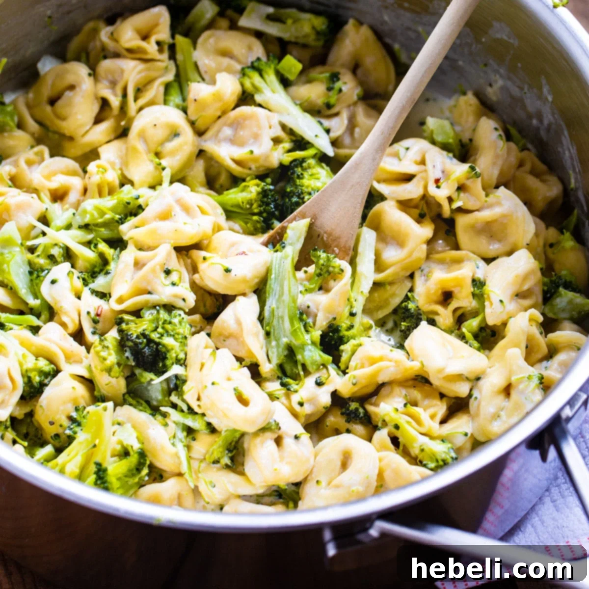 A large pot brimming with creamy Broccoli Alfredo Tortellini, showcasing the golden tortellini and vibrant green broccoli.