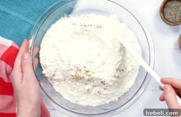 Mixing flour, salt, paprika, black pepper, and garlic powder for the dry breading.