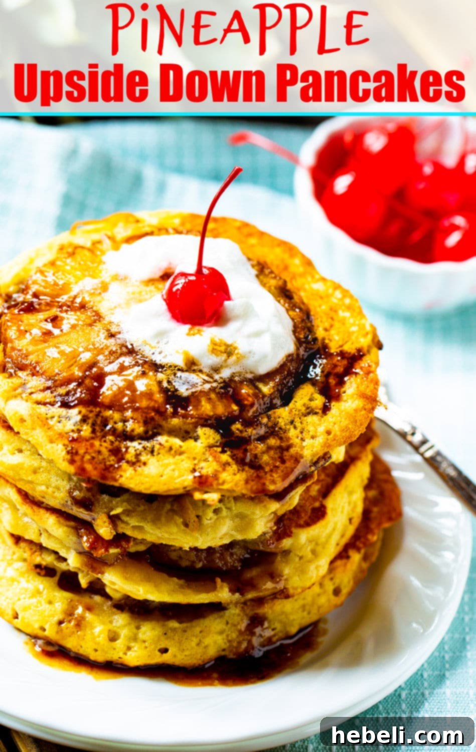 Close-up of Pineapple Upside Down Pancakes showing the pineapple ring embedded.