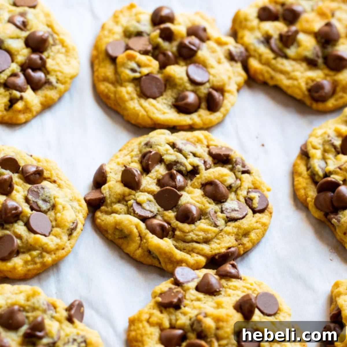 Delicious Chocolate Chip Pudding Cookies cooling on parchment paper, showcasing their soft texture and melted chocolate chips.