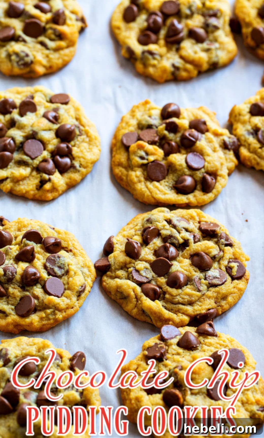 A close-up of soft Chocolate Chip Pudding Cookies on parchment paper, showing their crinkled tops and generous chocolate distribution.