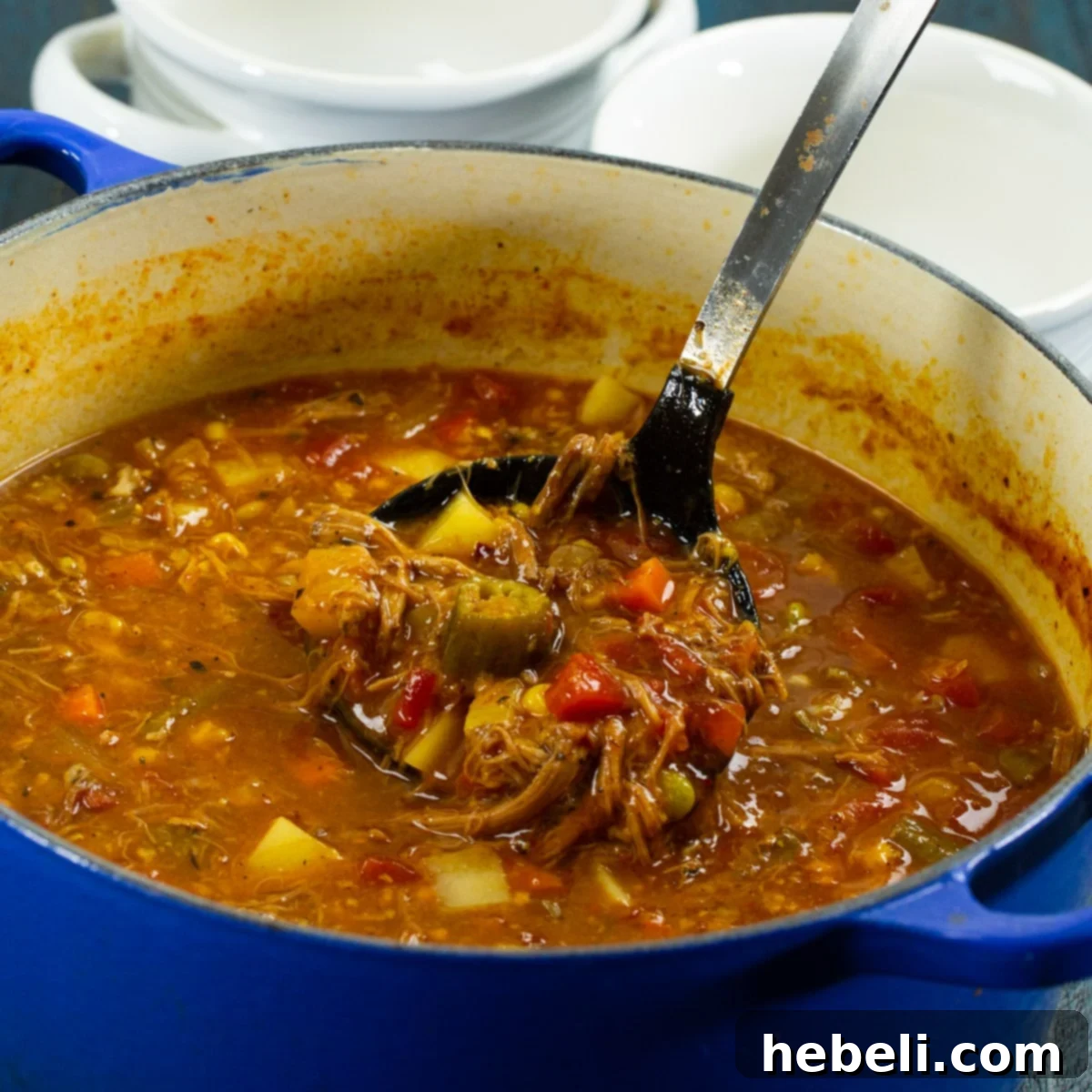 Pulled Pork Vegetable Soup in a Dutch oven