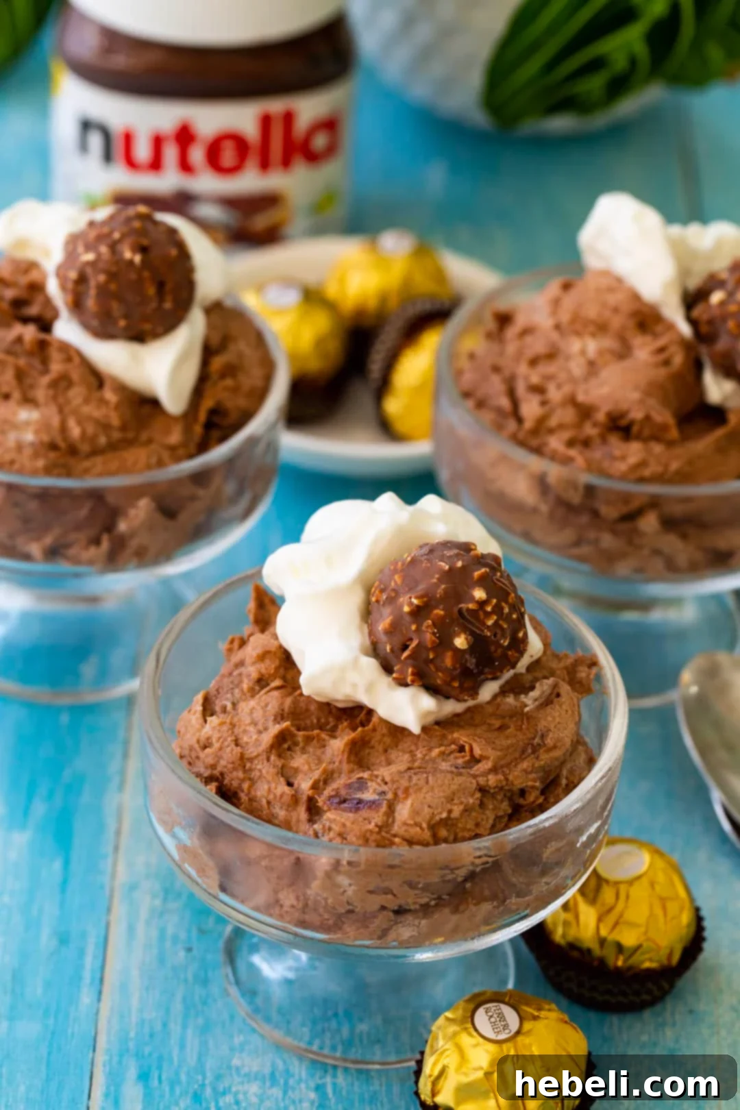 Nutella Dream Mousse 3 Mousse in 3 glass dishes. Easy Nutella dessert.