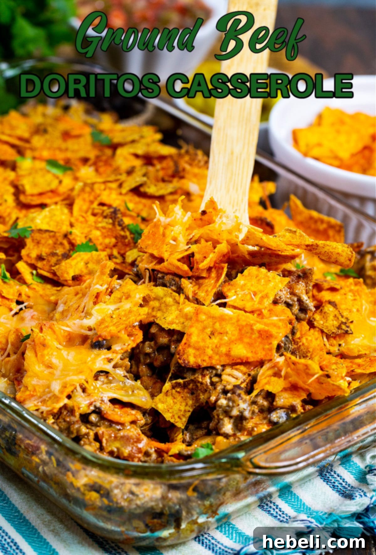 Ground Beef Doritos Casserole in baking dish