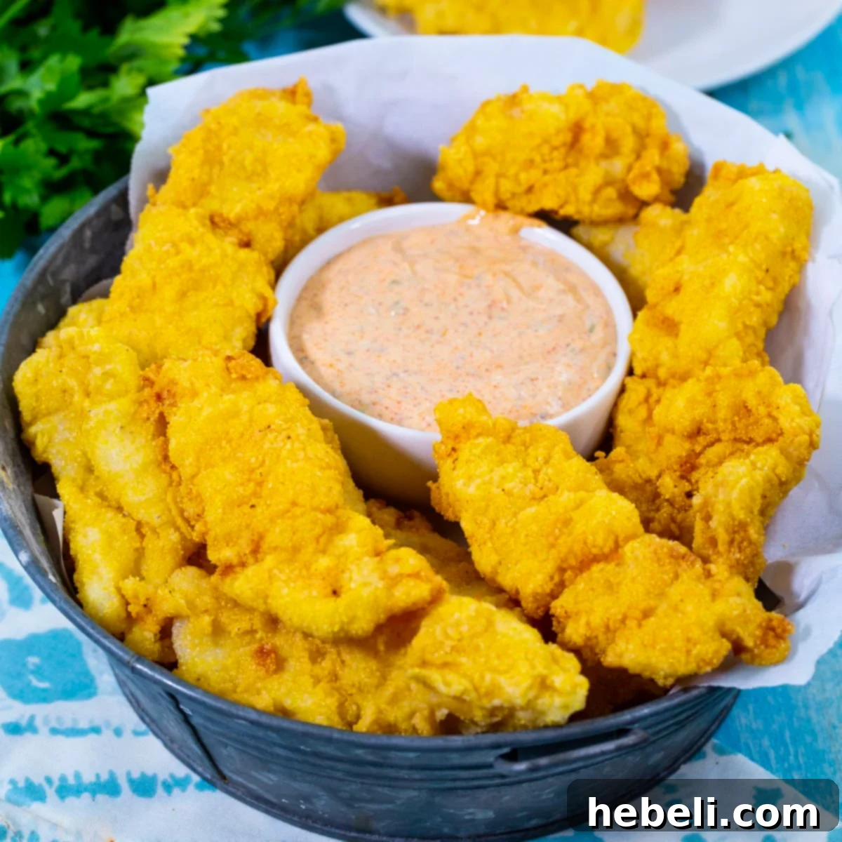 Golden-brown catfish fingers served in a basket with a side of creamy Cajun Remoulade.