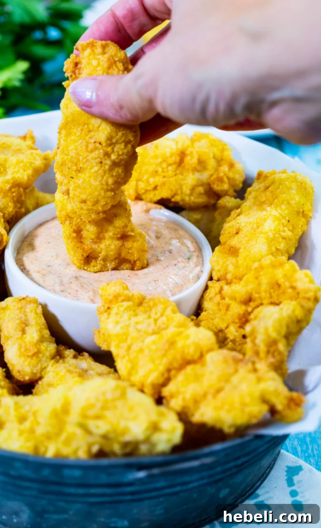 A hand dipping a crispy catfish finger into the creamy Cajun remoulade.