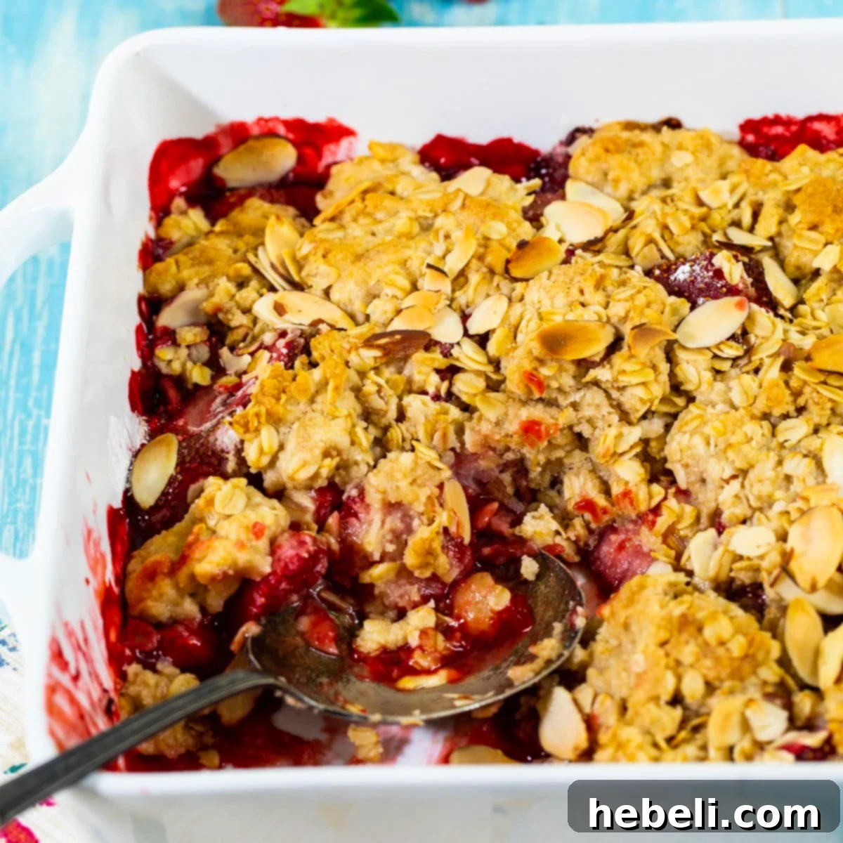 Rustic Strawberry Crumble 2 Strawberry Crisp in a baking dish, freshly baked and golden.