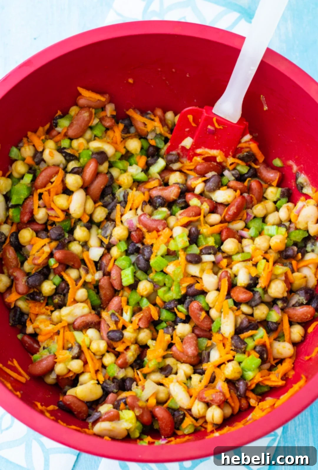 Sweet and Spicy Honey Curry Beans 3 Honey Curry Bean Salad in a large mixing bowl, showcasing its vibrant colors before serving.