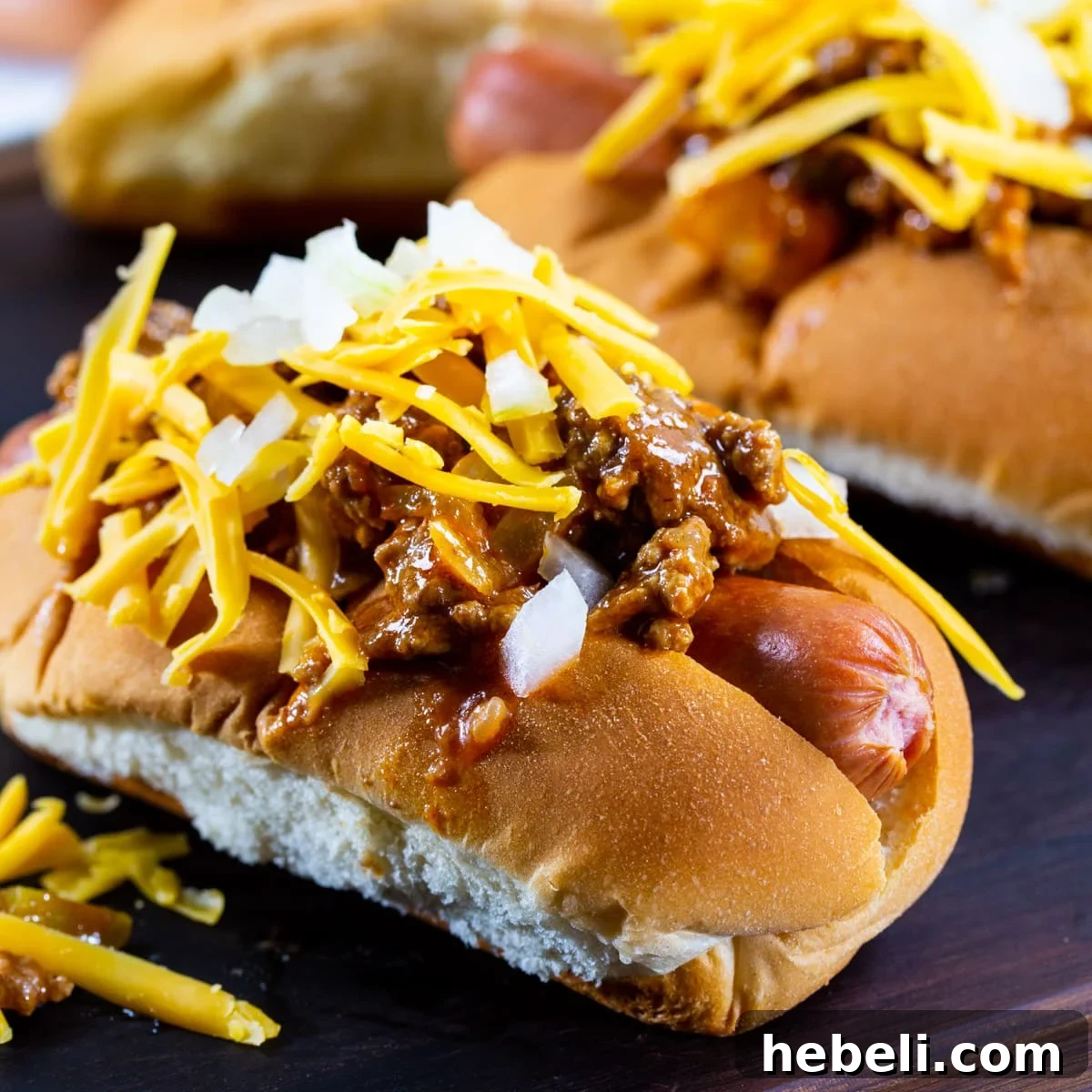 Sloppy Joe Hot Dog Recipe with Tangy Tomato Sauce 2 Sloppy Joe Hot Dogs topped with cheese and onion.