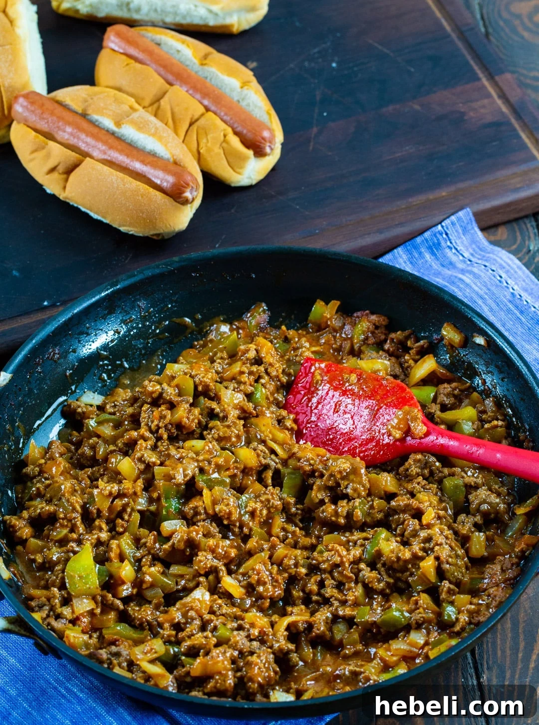 Sloppy Joe Hot Dog Recipe with Tangy Tomato Sauce 3 Sloppy Joe mixture in a skillet.