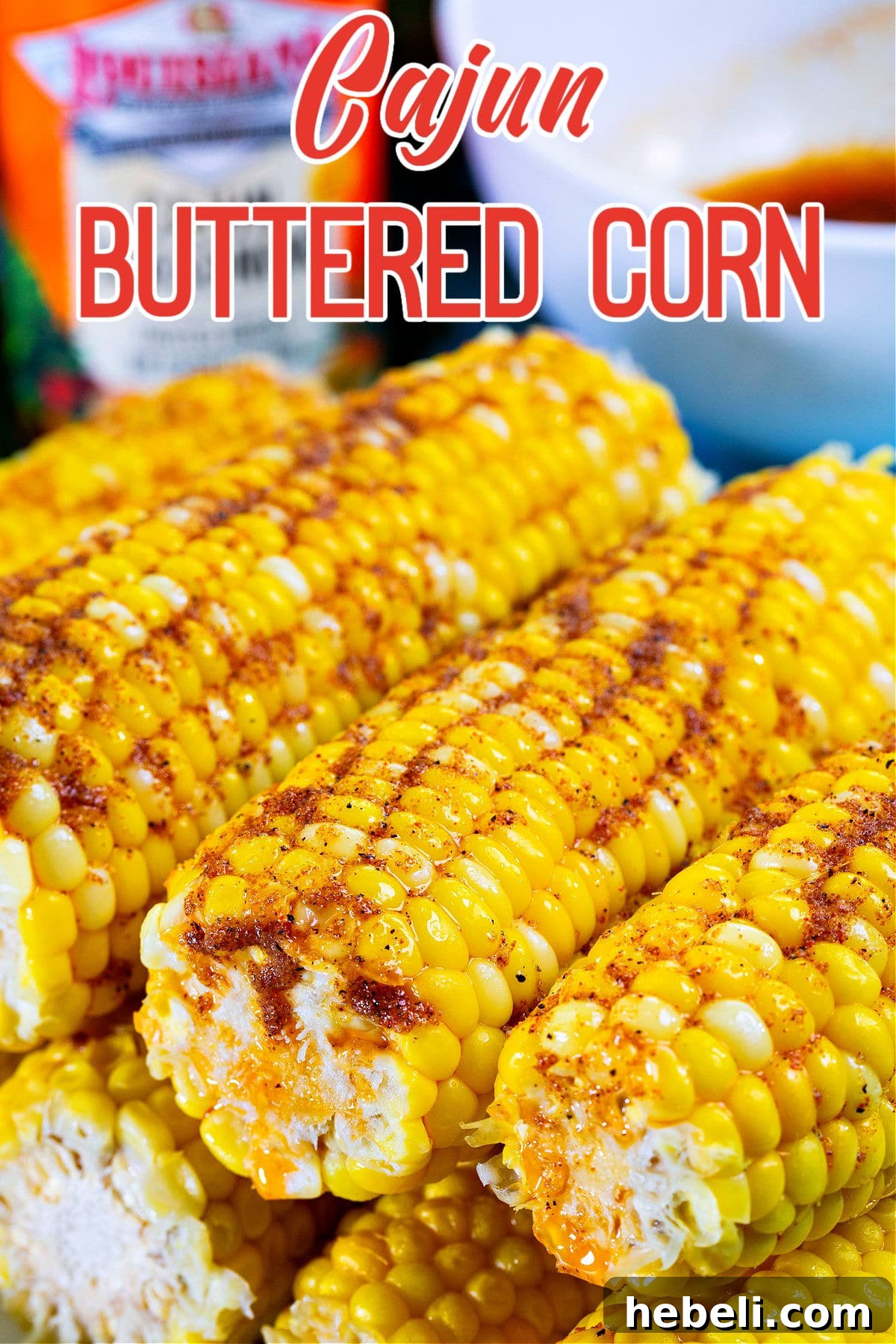 Spicy Cajun Buttered Corn Recipe 5 Close-up of cajun corn.