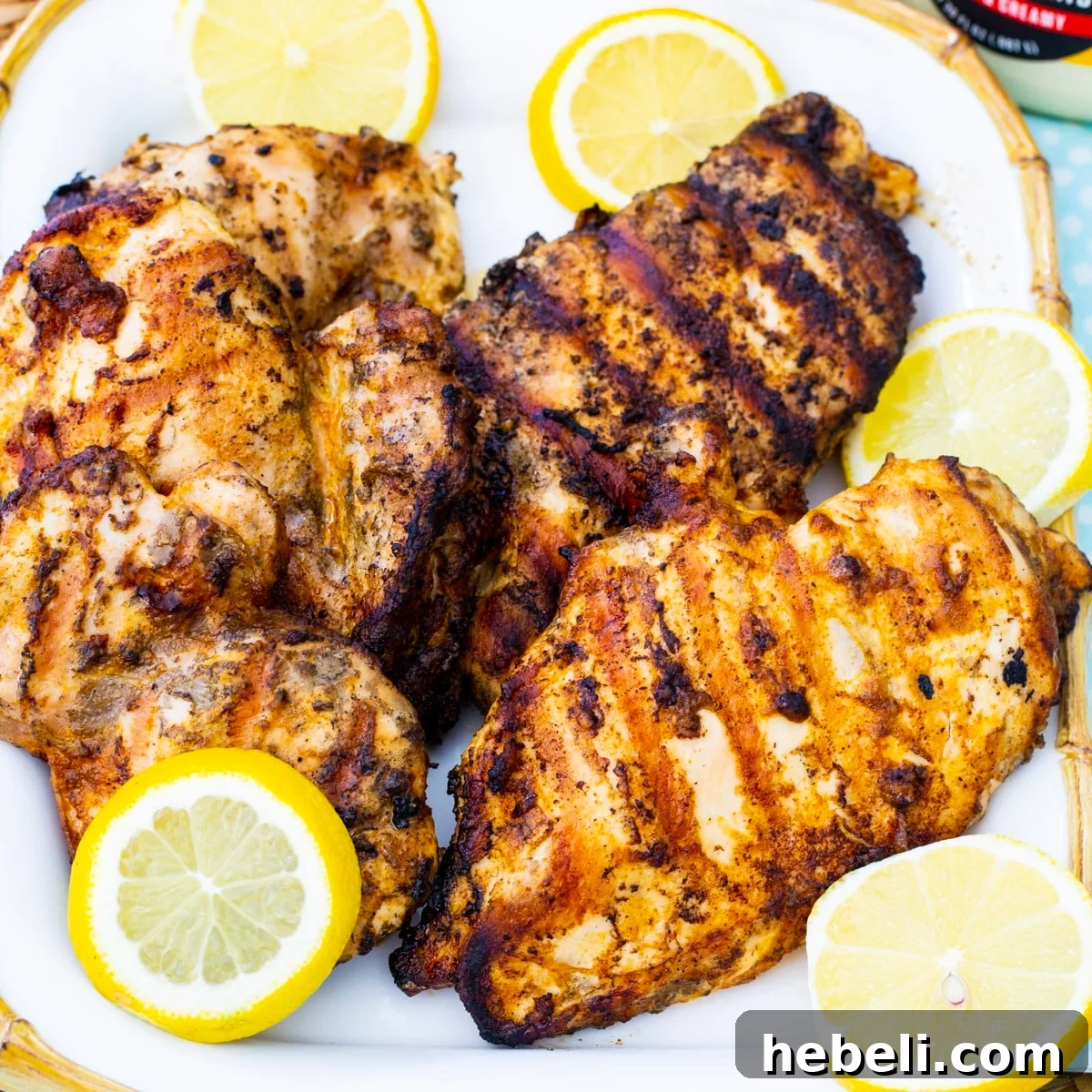 Grilled chicken on a plate with lemon slices.