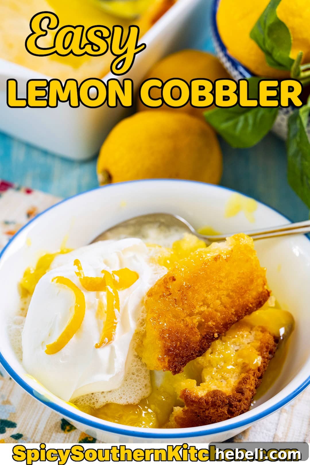 Warm Lemon Cobbler with Buttery Crust 5 Lemon Cobbler topped with whipped cream in a bowl.