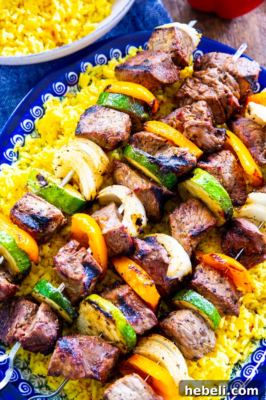 Garlic Marinated Beef Shish Kabobs on the Grill 4 Close-up of Beef Shish Kabobs on a serving plate.