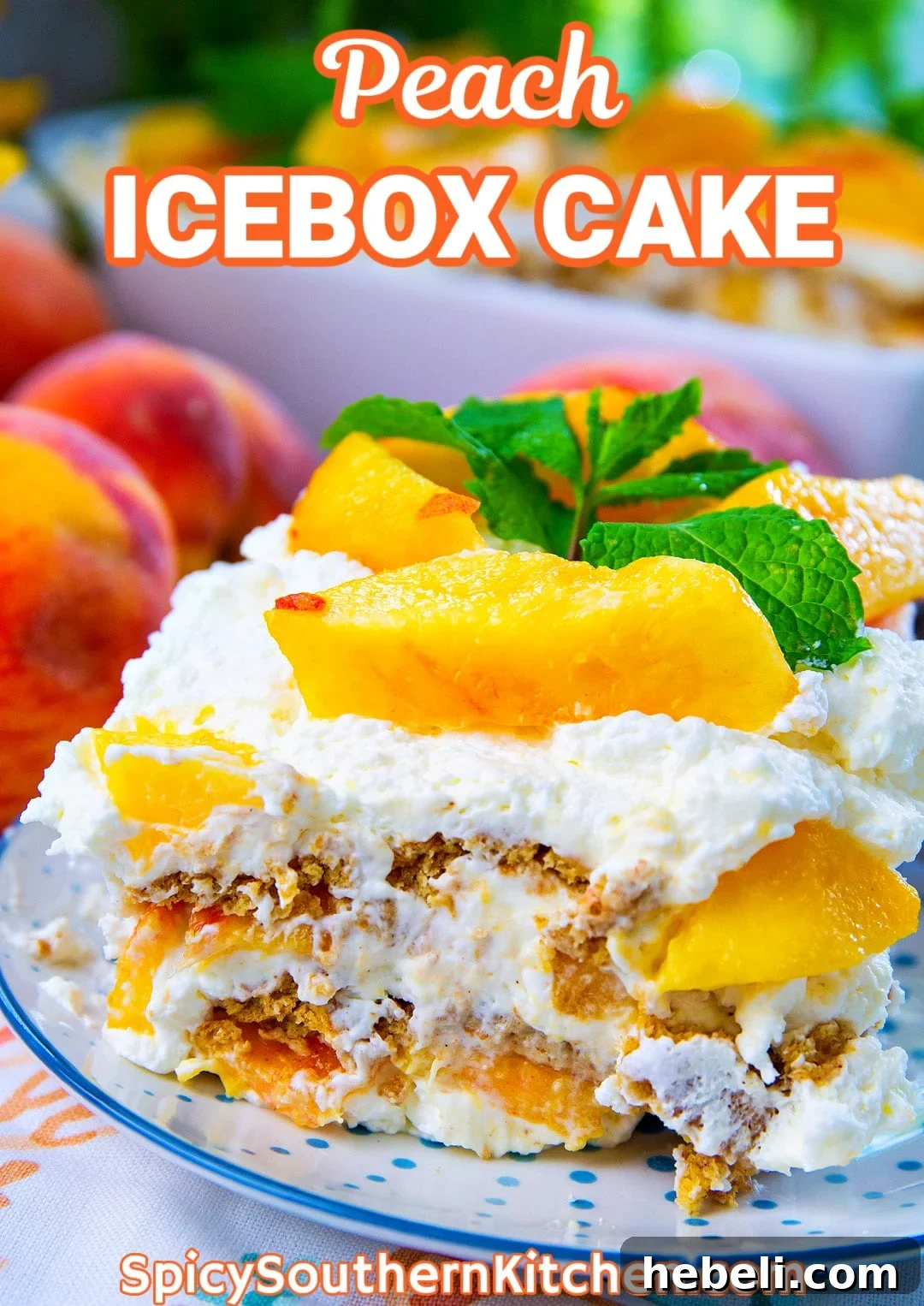 Slice of Peach Icebox Cake on a plate.