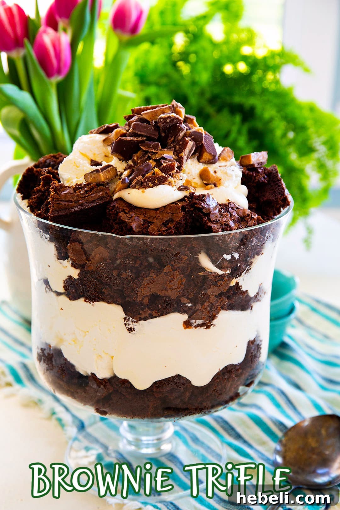 Brownie Trifle in a trifle dish.
