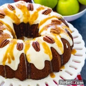 Caramel Apple Pound Cake on a cake stand.