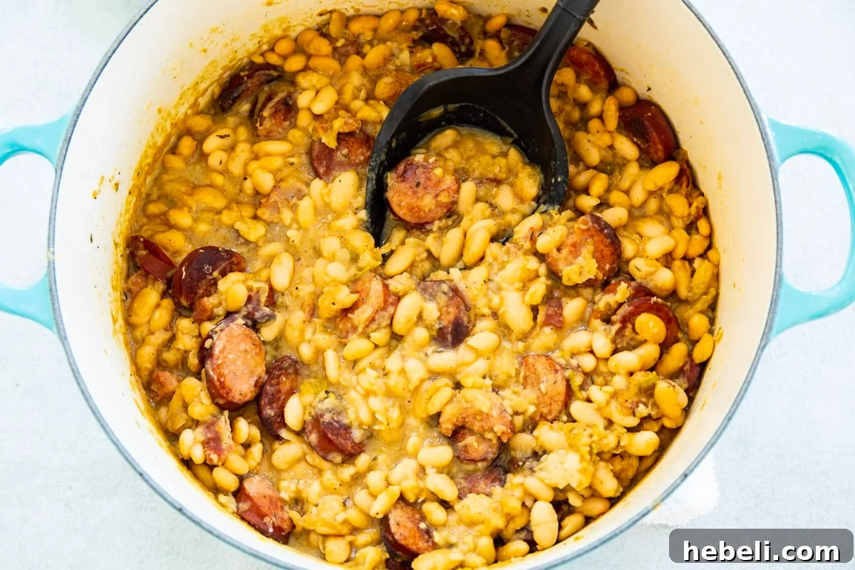 White Beans with Andouille Sausage in a Dutch oven.