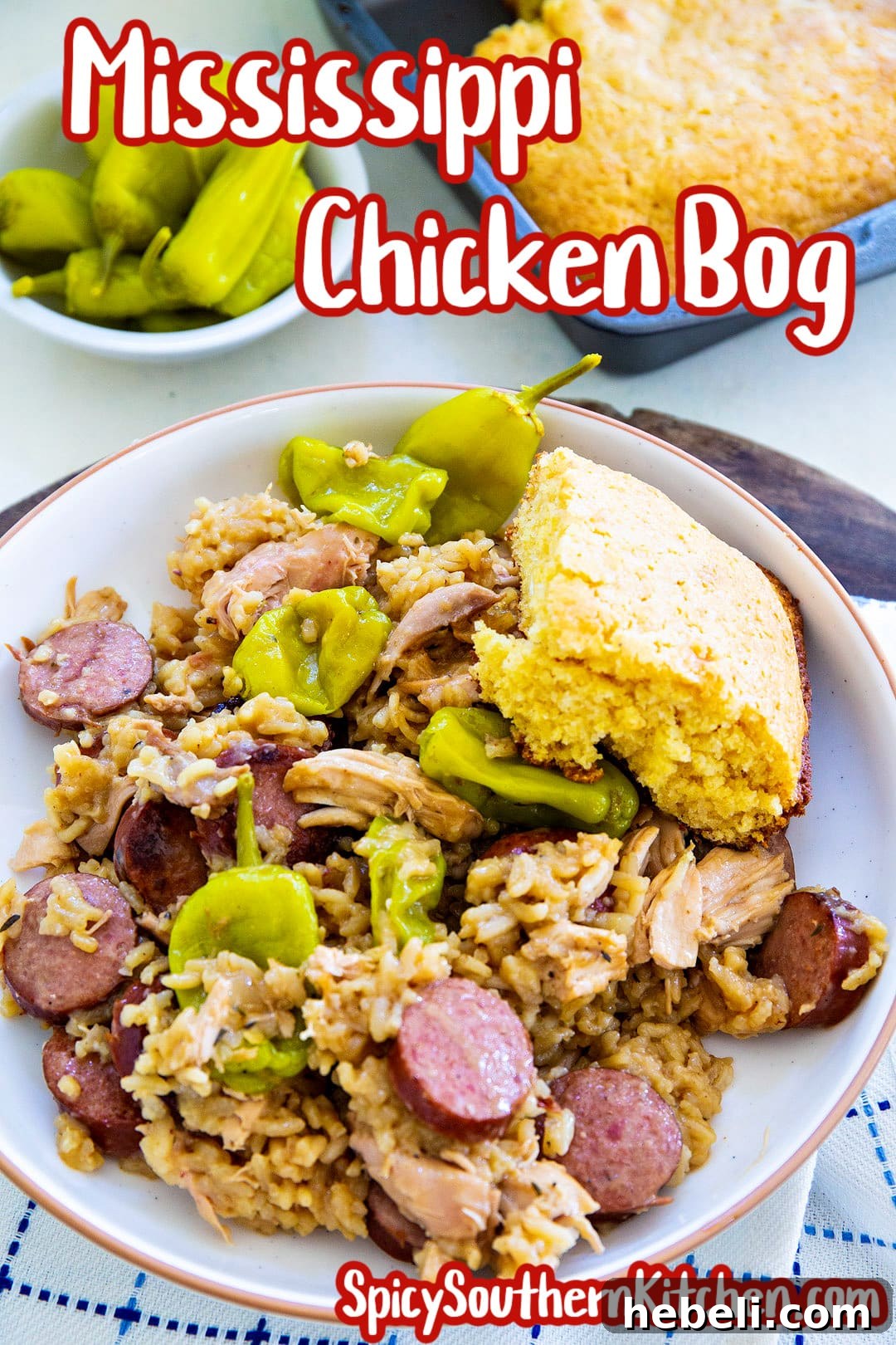 Mississippi Chicken Bog dished up on a plate with cornbread.