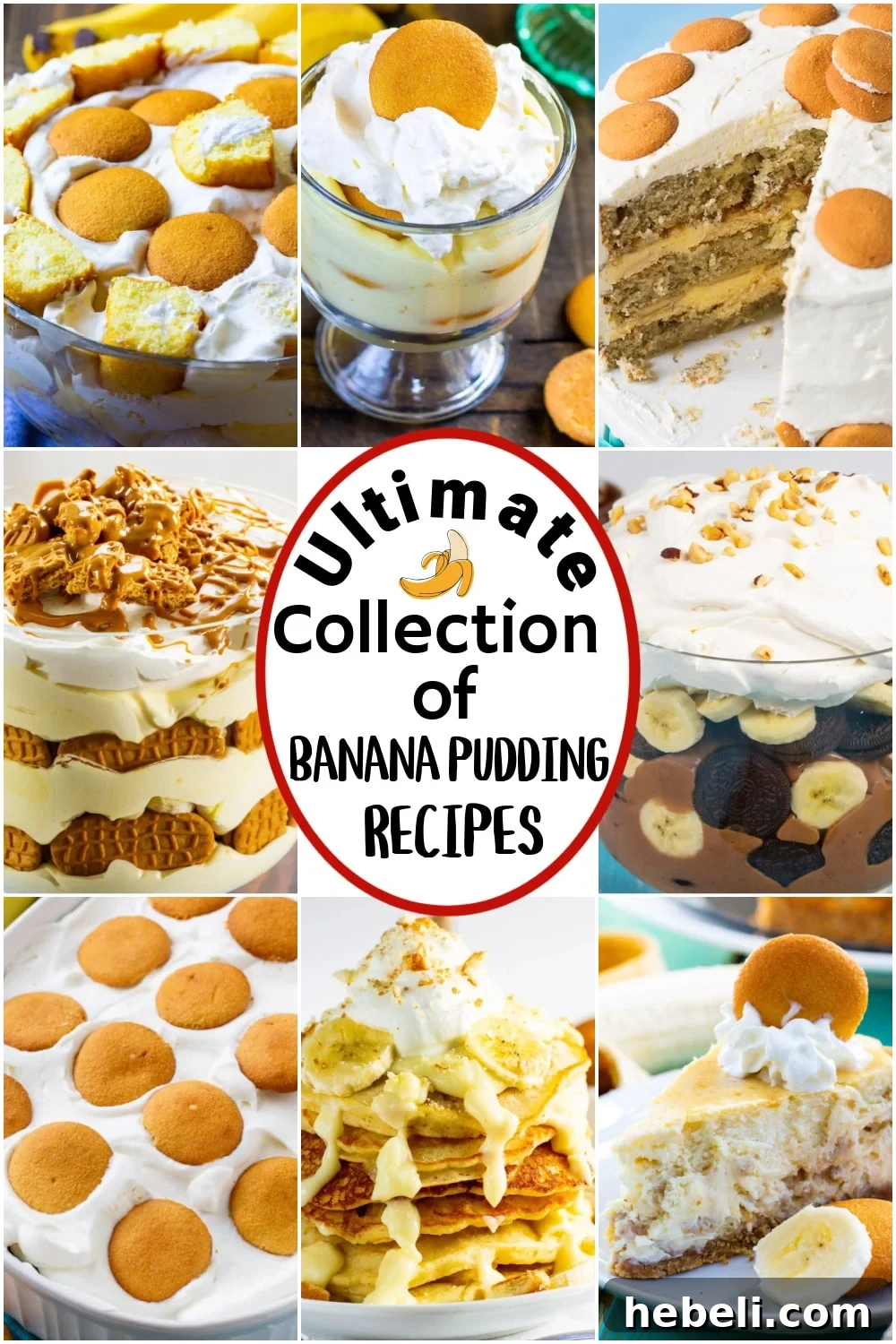 Collage of 8 different banana pudding recipes.