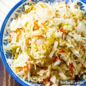 Sweet Vinegar Coleslaw in blue and white bowl.